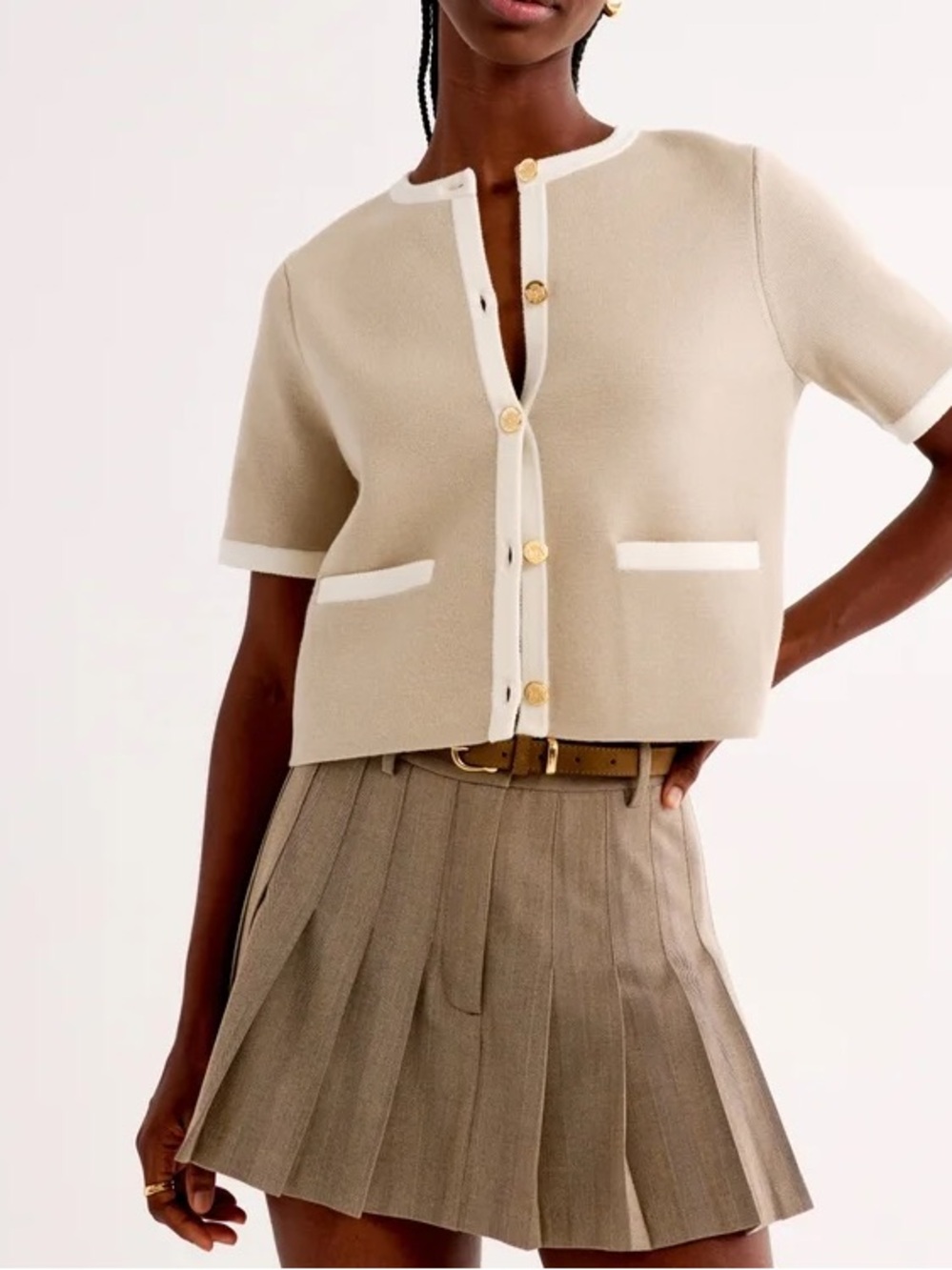 Tahari Beige Short-Sleeve Buttoned Knit Top